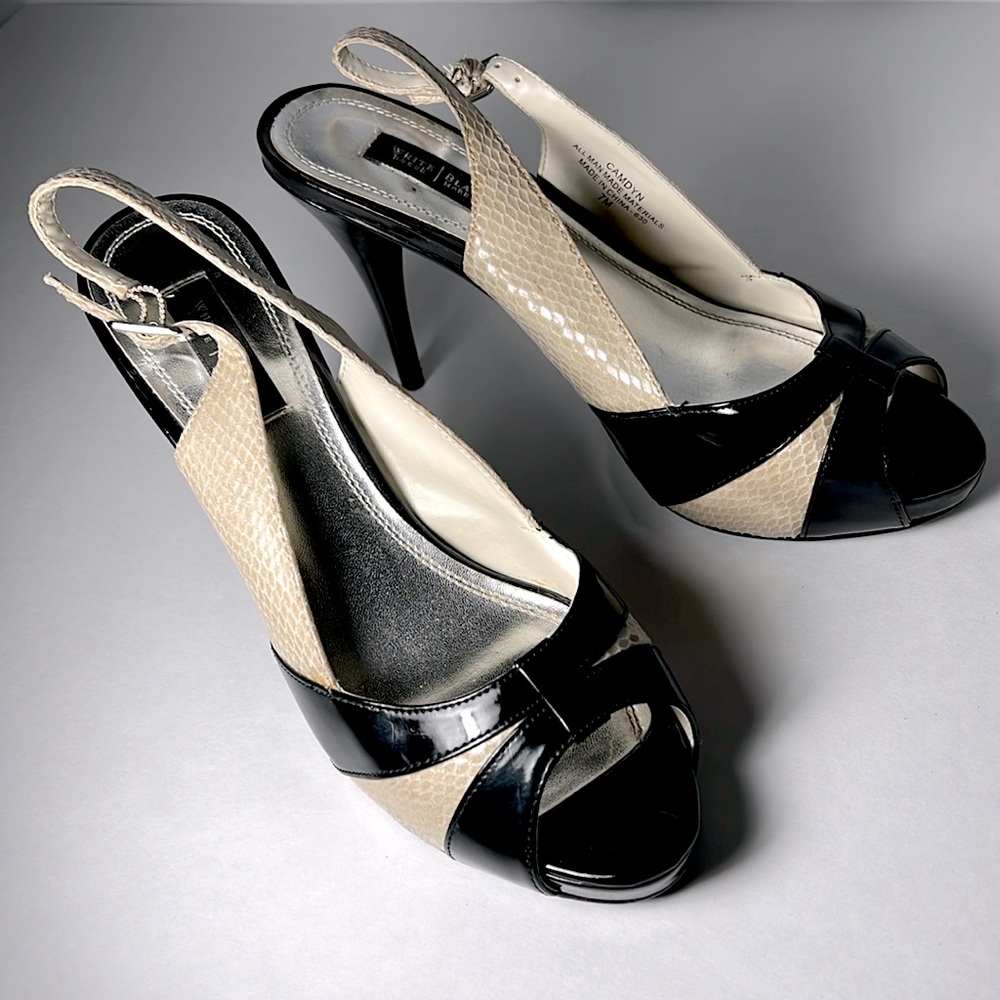 White House Black Market Faux Reptile Skin black & tan high heel shoes size 7 M